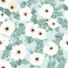 Seamless pattern. Set of bouquets of beautiful spring flowers. White flowers, leaves and branches. Flat isolated vector illustration.