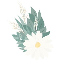 Bouquet of beautiful spring flowers. White flowers, leaves and branches. Flat isolated vector illustration.
