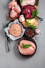 Raw chicken meat parts with spices and herbs for cooking on gray background.