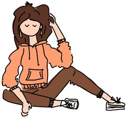 Girl modelling an orange hoodie and brown chino pants