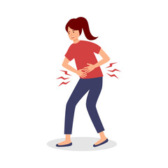 Woman feel pain in stomach concept vector illustration on white background. Diarrhea or constipation. Abdomen disease and illness. Period pain in flat design.