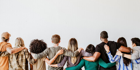 Rearview of diverse people hugging each other - 434474008