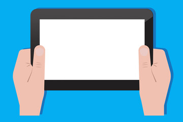 tablet in hand. Smart device. Digital communication. Hand touch screen icon. Stock image. Vector illustration.