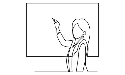 Continue line of businesswoman with pointer to white board vector illustration