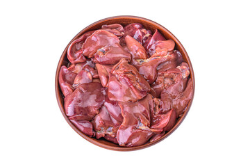 raw chicken or goose liver with bay leaf in a clay bowl close-up, isolated on a white background.top view