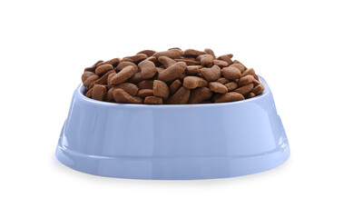 Dry food in light blue pet bowl isolated on white