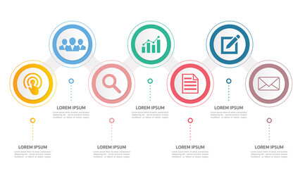 Fototapeta premium Horizontal timeline with 7 circular elements, thin line icons inside them.business graph design.
