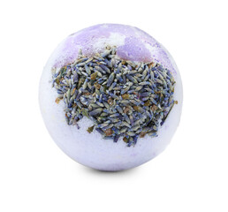 Bright bath bomb with dried lavender isolated on white