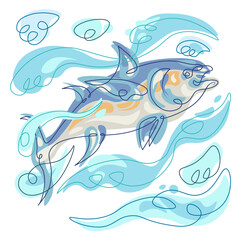 Fototapeta na wymiar Tuna fish swimming in waves. Fishing logo. Tuna symbol.One continuous line isolated minimal illustration.Colored abstract background.Single color continuous line.Fish silhouette.