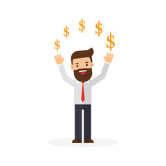 business man in suit standing easy juggling dollar currency