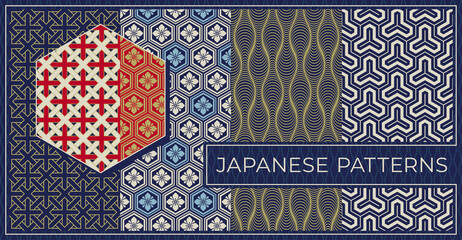 Set of seamless Japanese patterns in traditional style, vector illustration, pattern swatches included.