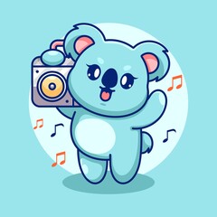 Cute koala listening music with boombox cartoon