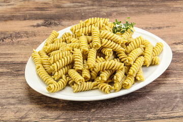 Italian pasta Fusilli with pesto