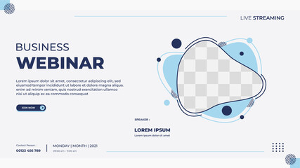Business webinar banner template for website with liquid frame and geometric shape concept