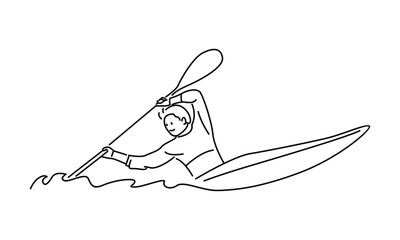 Man kayaker character kayaking, riding and paddling boat canoe in sea waves vector illustration