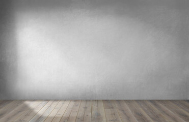 Gray wall in an empty room with a wooden floor