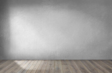 Gray wall in an empty room with a wooden floor