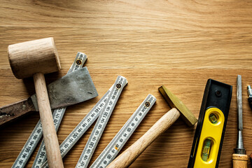 Flat lay of various technician tools isolated