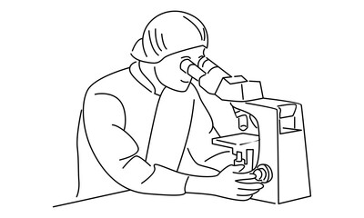 Laboratory assistant looking through microscope, scientists in medical laboratory vector illustration