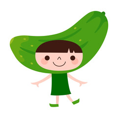 キュウリのキャラクター。夏野菜の胡瓜の被り物をして楽しそうに踊っている子どものイラスト。