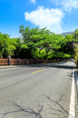 Asphalt road and green forest scenery.