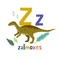 Zalmoxes. Cute cartoon hand drawn illustration with dinosaur and Z letter.