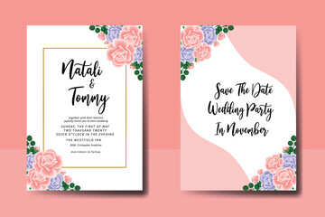 Wedding invitation frame set, digital art hand drawn Watercolor Pink and Purple Rose Flower design Invitation Card Template
