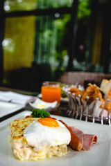 Full American Breakfast Huge healthy breakfast spread on a table with coffee Breakfast served with coffee English breakfast fried egg