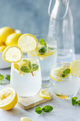 Fresh lemonade soda with sliced lemons in a glass