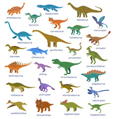 Big set of cute colorful cartoon dinosaurs, isolated on white background. 