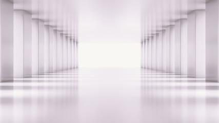 White empty light Hall Zoom in. Perspective view of White empty Modern Architecture room. Abstract  white tunnel Background. 3D Render.