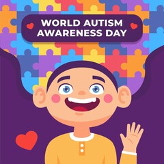 Fototapeta na wymiar Cartoon World Autism Awareness Day Illustration With Puzzle Pieces_12