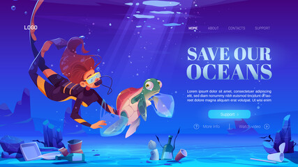 Fototapeta premium Woman scuba diver with turtle in plastic bag underwater in sea. Ocean pollution by trash, global littering. Save our oceans. Vector landing page with cartoon illustration of garbage on sea floor