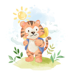 Obraz na płótnie Canvas Cartoon Tiger With Backpack Camping Illustration 2