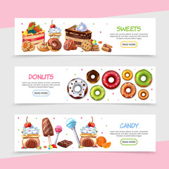 Cartoon Sweet Products Horizontal Banners With Bright Candies Cakes Ice Cream Chocolate Bar