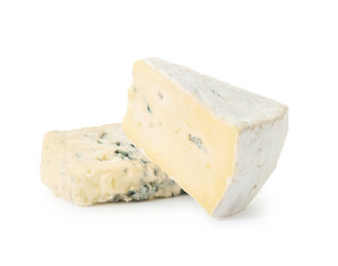 Pieces of tasty cheese on white background