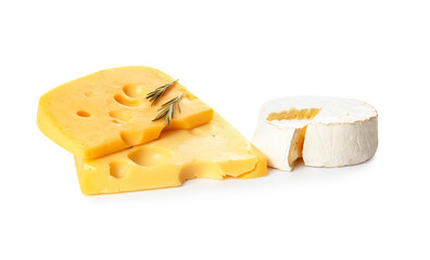 Different types of cheese on white background