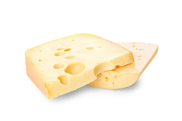 Pieces of tasty cheese on white background