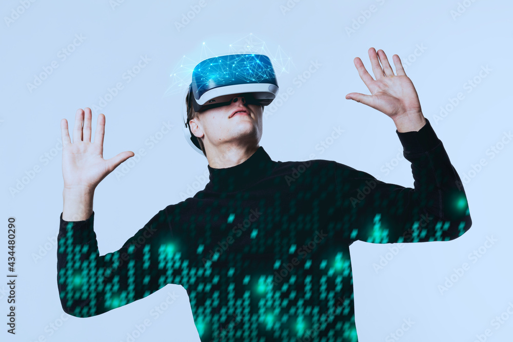 Poster man wearing vr goggles working on virtual hologram data smart technology