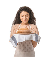 Beautiful woman with fresh bread on white background