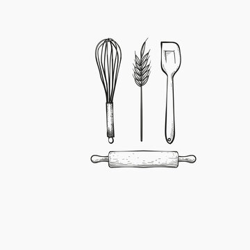 Baker utensils and wheat hand drawn vector design template