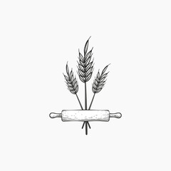 Rolling pin and wheat hand drawn vector design template