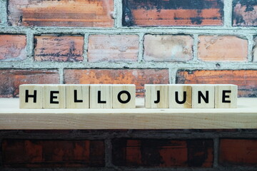 Fototapeta premium Hello June alphabet letter on shelves wooden background