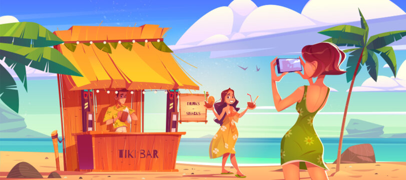 Woman posing on beach for photo shoot with cocktails in hands near tiki hut bar with barman. Young girls in summer dresses photographing on ocean coastline with palm trees, Cartoon vector illustration