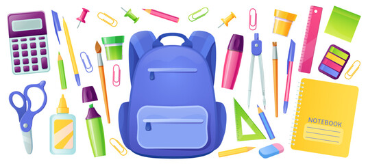 Stationery for school and kids backpack. Education supplies for children study. Vector cartoon set of bag, pen, pencils, eraser, drawing compass, notebook, calculator, scissors and ruler © klyaksun