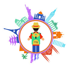 Travel and tourism background. Colorful template with traveler and icons, tourism landmarks. Illustration of flat design travel composition with famous world landmarks. File is saved in 10 EPS version