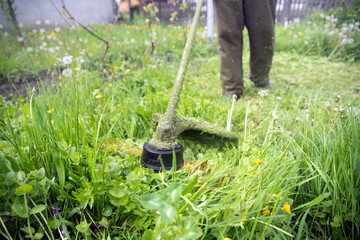 Lawn mover on green grass. Machine for cutting lawns.