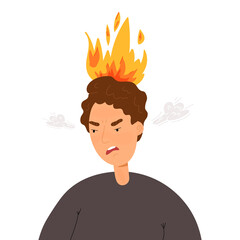 The man is furious, anger is stirring, his head is on fire. Emotional burnout, feeling stress at work concept.