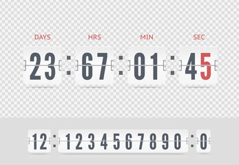 Retro design white score board floating clock template. Vector modern ui design of old time meter with numbers. Scoreboard number font isolated on transparent background