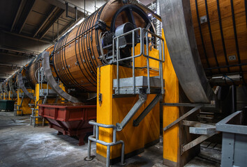 Leather workshop. Large wooden barrels for the tanning of cattle leather.